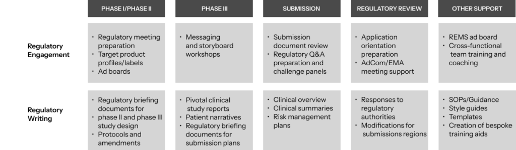Regulatory support services including engagement and medical writing